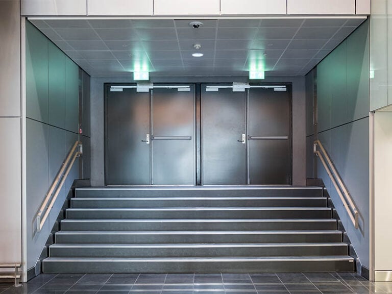 Fire Exit Metallic Doors With Staircase And Handrails