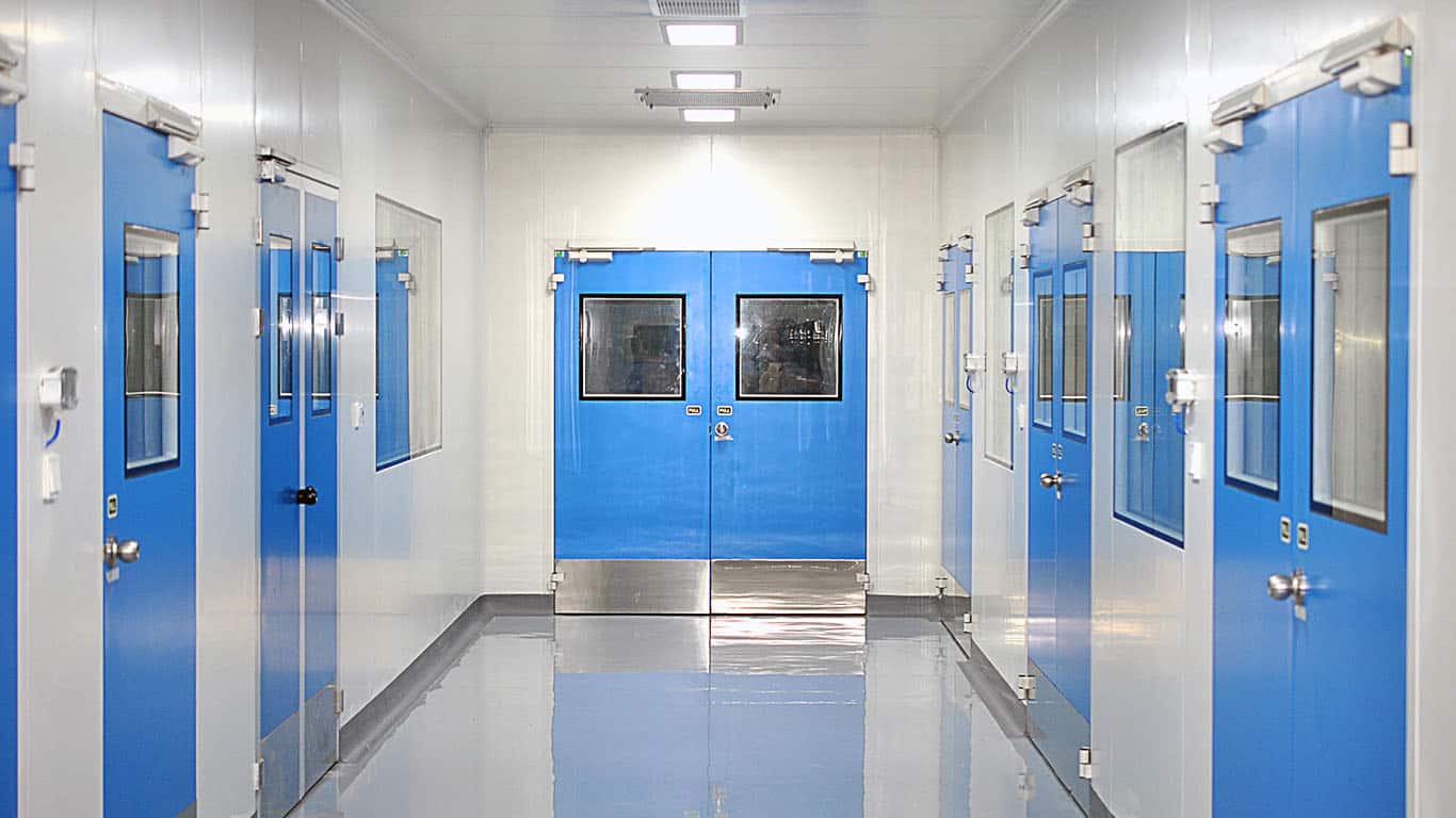 clean room laboratory with blue double doors clean