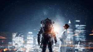woman interacting with astronaut