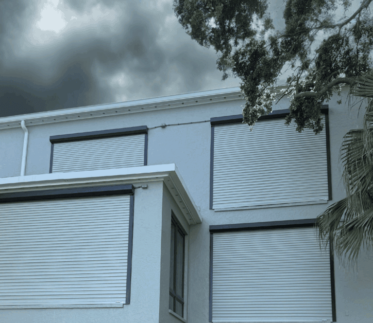 A building protected by roll-down hurricane shutters