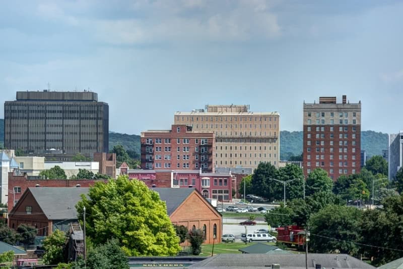 Aerial overview of Huntsville, Alabama high rise buildings during the day