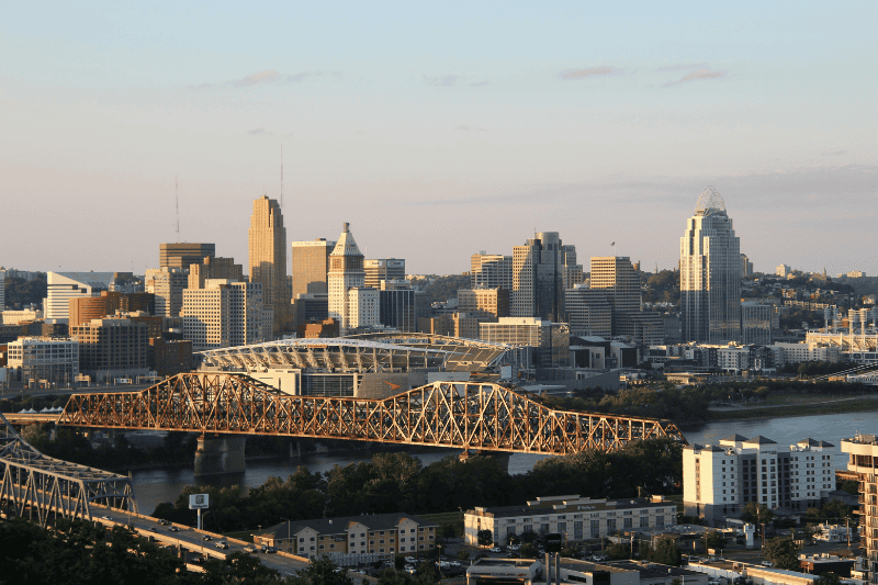 Aerial overview of Cincinnati skyline and bridge at day