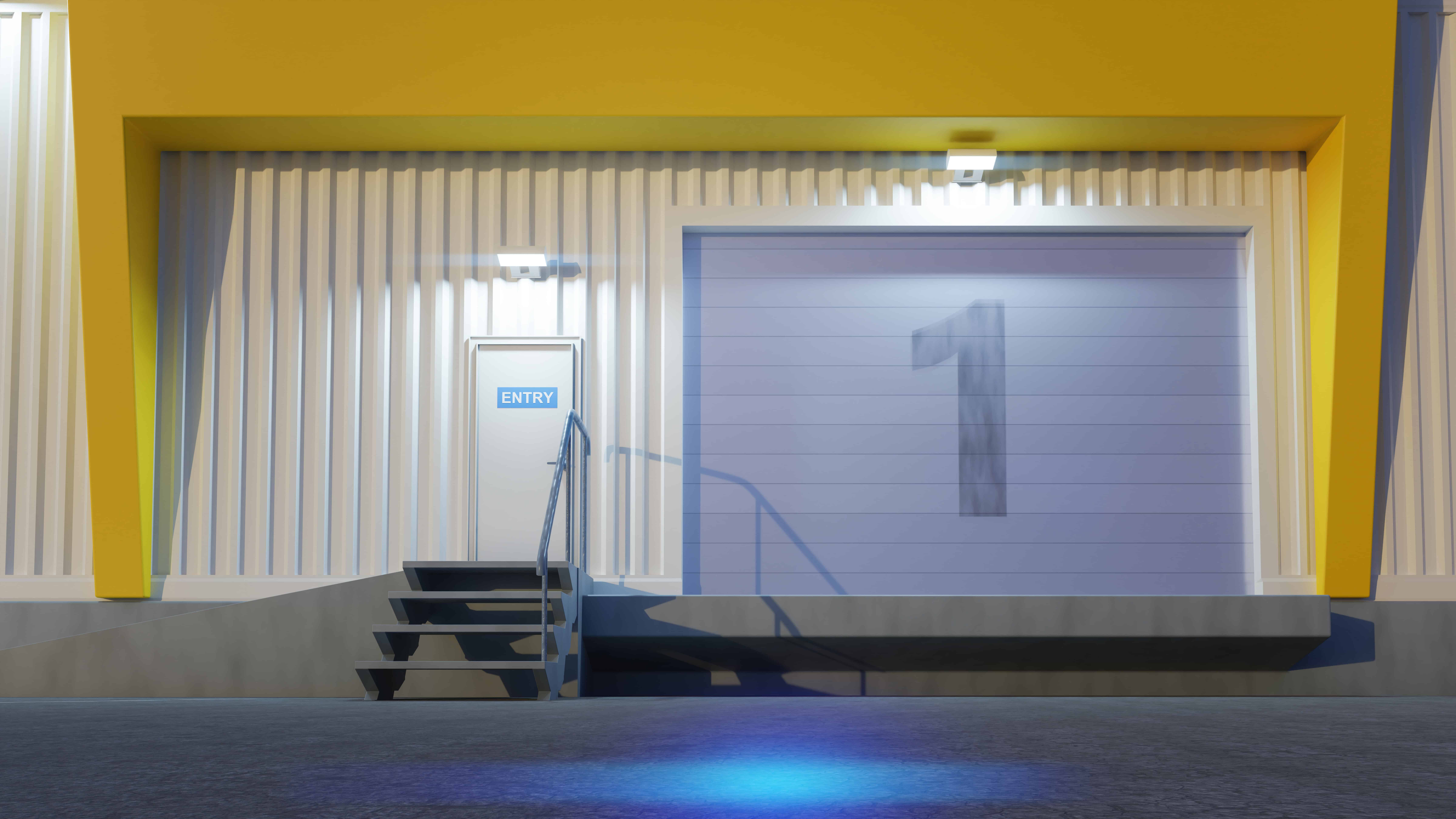 A private warehouse building with a roll-up garage door.