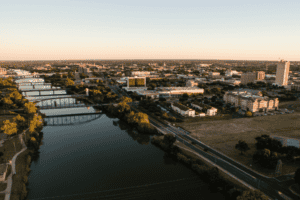 sunset come to Waco Texas and the downtown rier front