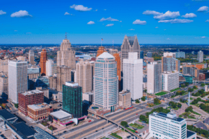Aerial perspective of detroit skyline