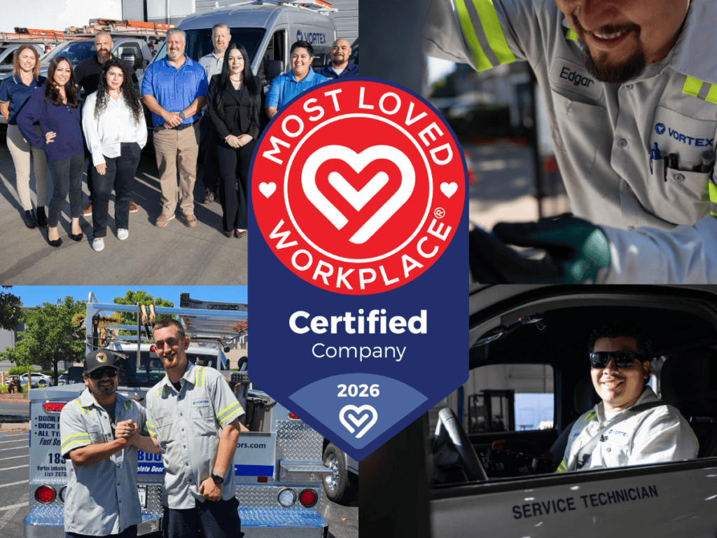 Vortex Doors people-first workplace culture, Most Loved Workplace 2026 Certified Company badge surrounded by photos of Vortex technicians and office team members